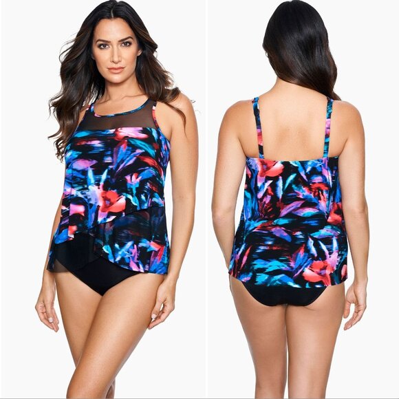 MIRACLESUIT Mirage Underwire TANKINI TOP Size 8 Fuego Flora Black Multi NEW $140